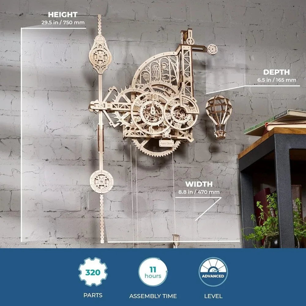 UGEARS Aero Clock 3D Wooden 300+ pcs Puzzle DIY Wood Puzzle Mechanical Kit Wall